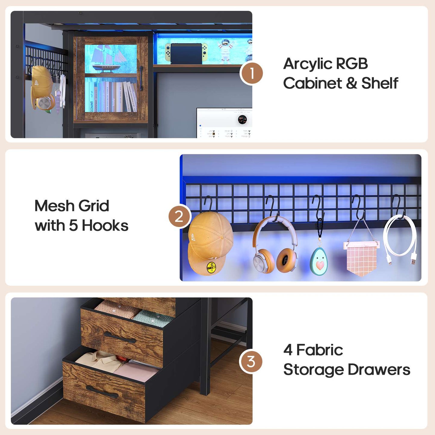 ADORNEVE Gaming Loft Bed Full Size with Desk and Hutch Drawers Power Outlet Metal Teens Loft Bed with RGB Lights and Guardrail Ladder