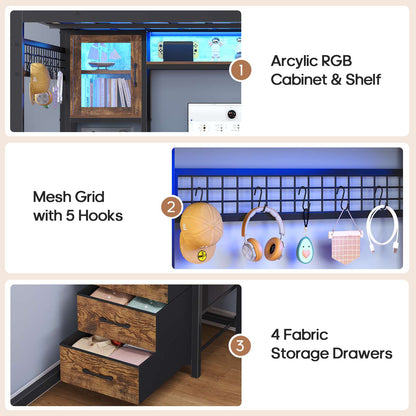 ADORNEVE Gaming Loft Bed Full Size with Desk and Hutch Drawers Power Outlet Metal Teens Loft Bed with RGB Lights and Guardrail Ladder