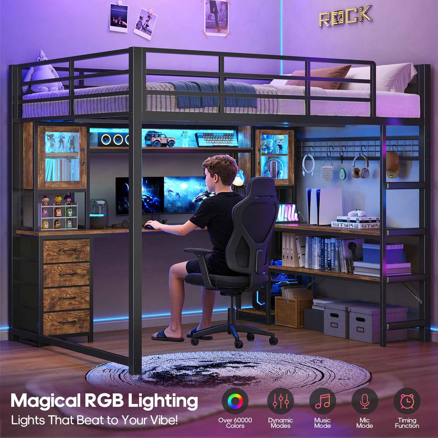 ADORNEVE Gaming Loft Bed Full Size with Desk and Hutch Drawers Power Outlet Metal Teens Loft Bed with RGB Lights and Guardrail Ladder