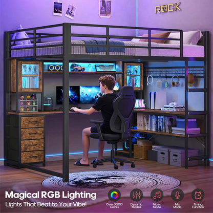 ADORNEVE Gaming Loft Bed Full Size with Desk and Hutch Drawers Power Outlet Metal Teens Loft Bed with RGB Lights and Guardrail Ladder