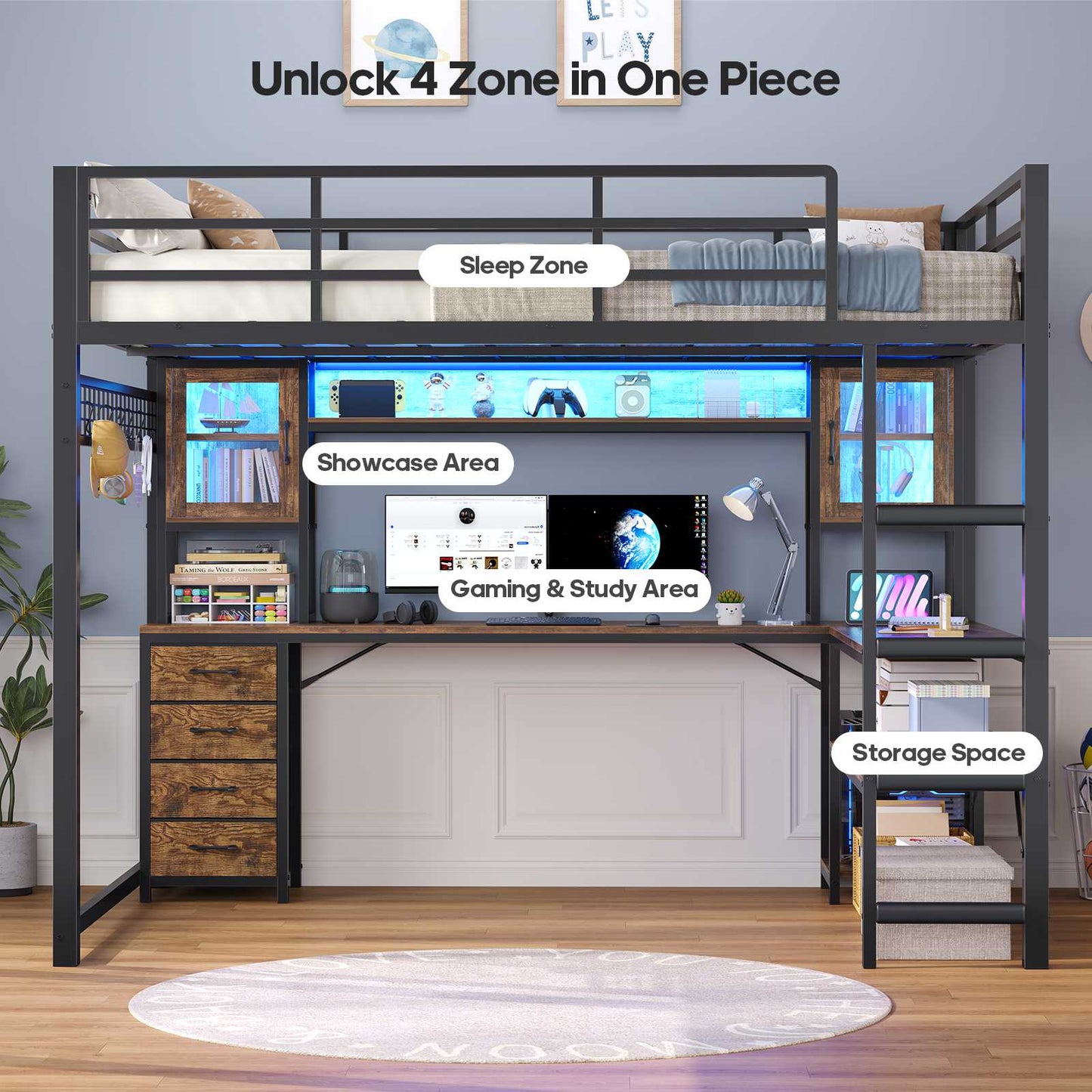 ADORNEVE Gaming Loft Bed Full Size with Desk and Hutch Drawers Power Outlet Metal Teens Loft Bed with RGB Lights and Guardrail Ladder