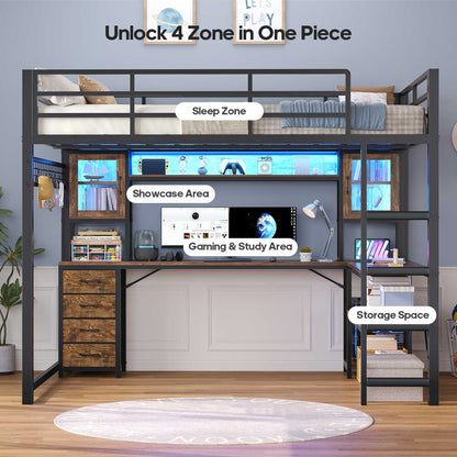 ADORNEVE Gaming Loft Bed Full Size with Desk and Hutch Drawers Power Outlet Metal Teens Loft Bed with RGB Lights and Guardrail Ladder