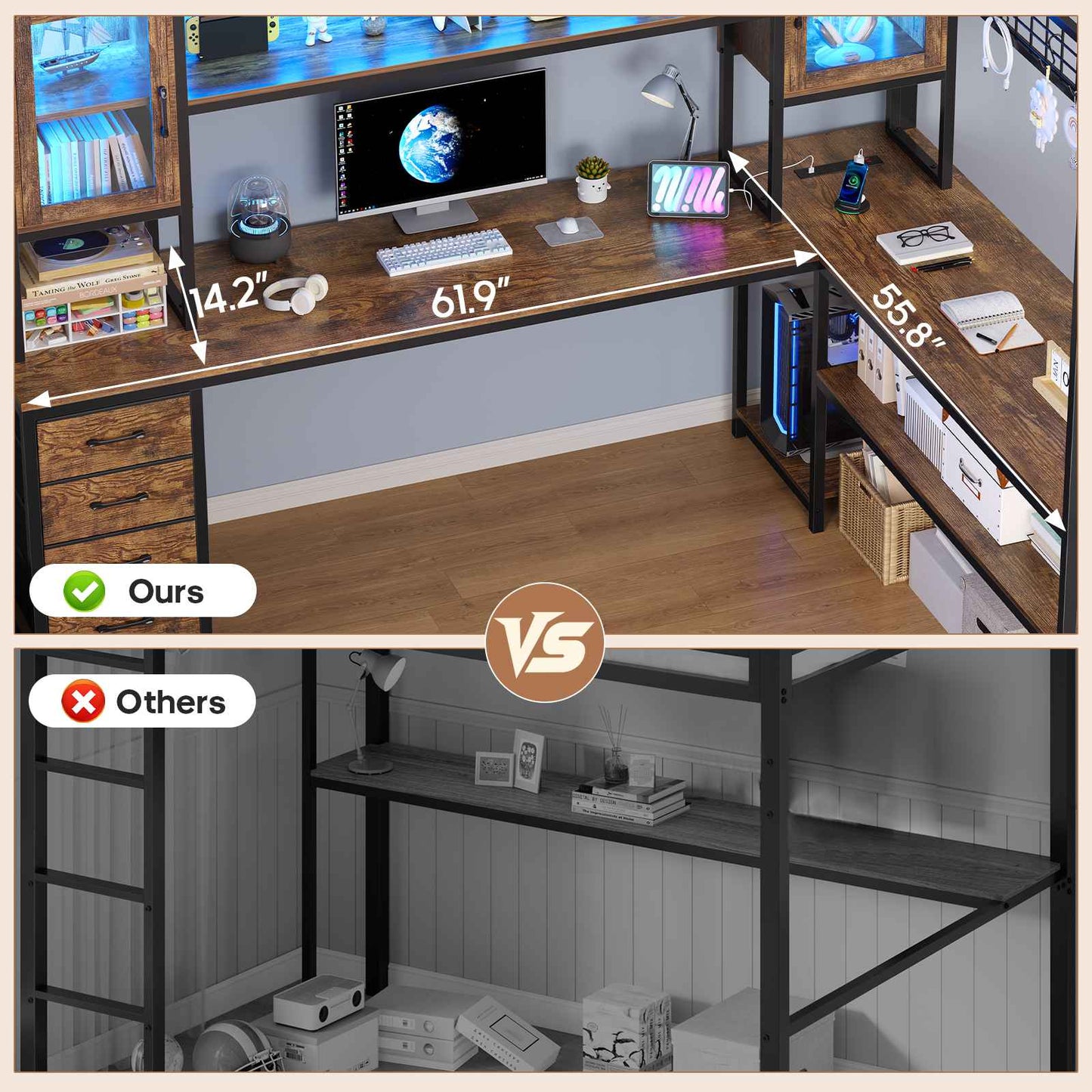 ADORNEVE Gaming Loft Bed Full Size with Desk and Hutch Drawers Power Outlet Metal Teens Loft Bed with RGB Lights and Guardrail Ladder