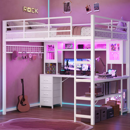 ADORNEVE Gaming Loft Bed Full Size with Desk and Hutch Drawers Power Outlet Metal Teens Loft Bed with RGB Lights and Guardrail Ladder