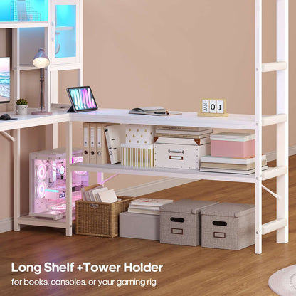 ADORNEVE Gaming Loft Bed Full Size with Desk and Hutch Drawers Power Outlet Metal Teens Loft Bed with RGB Lights and Guardrail Ladder