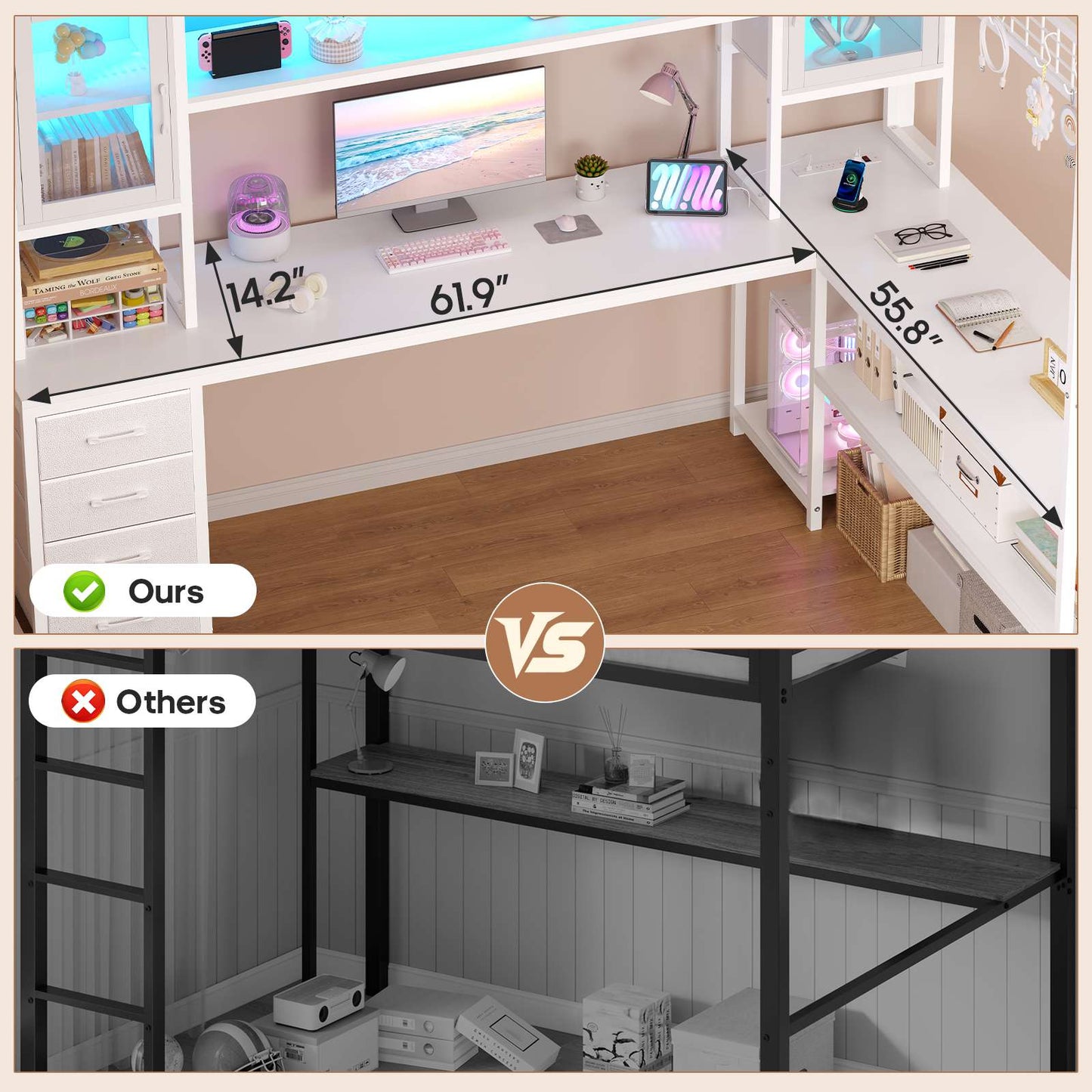 ADORNEVE Gaming Loft Bed Full Size with Desk and Hutch Drawers Power Outlet Metal Teens Loft Bed with RGB Lights and Guardrail Ladder