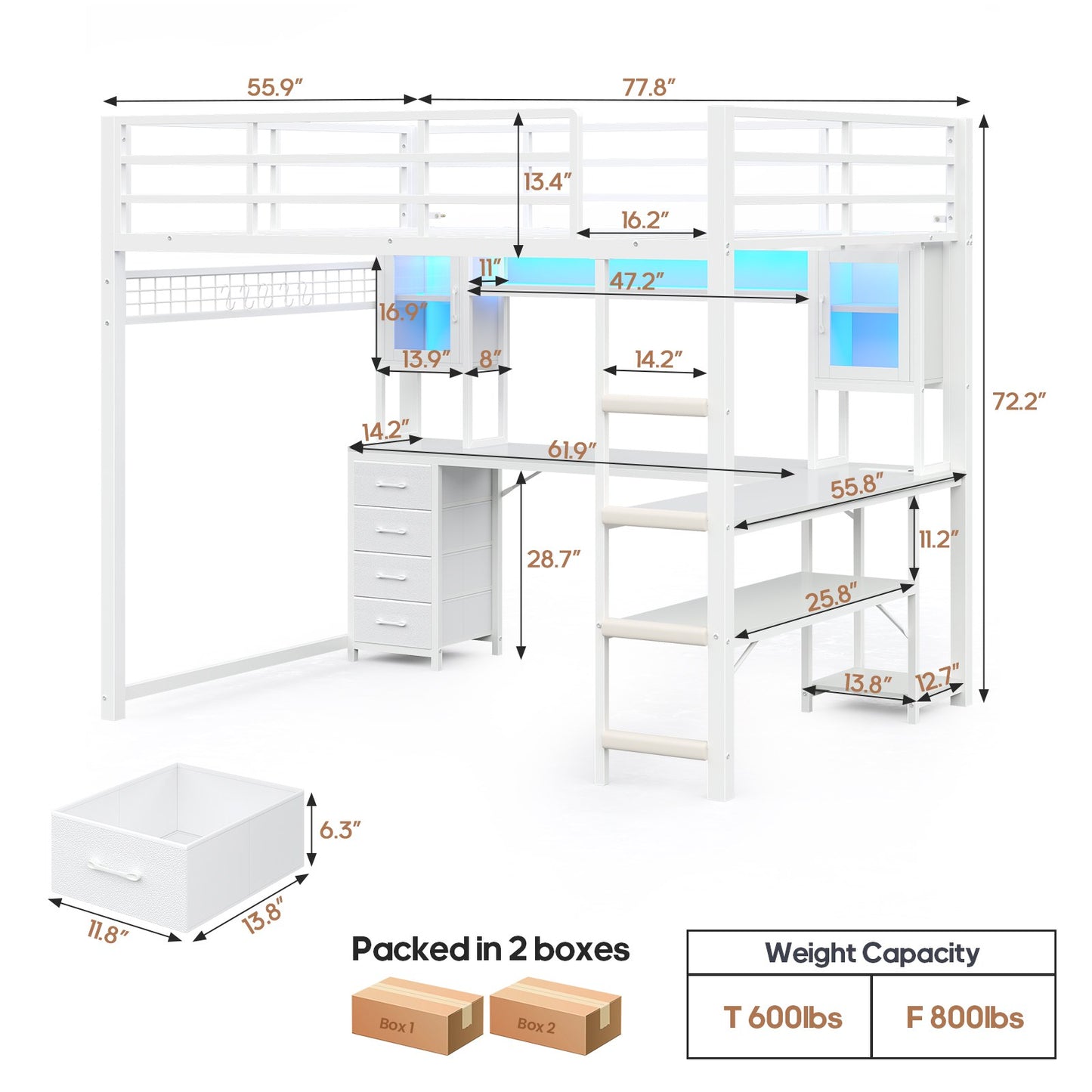 ADORNEVE Gaming Loft Bed Full Size with Desk and Hutch Drawers Power Outlet Metal Teens Loft Bed with RGB Lights and Guardrail Ladder