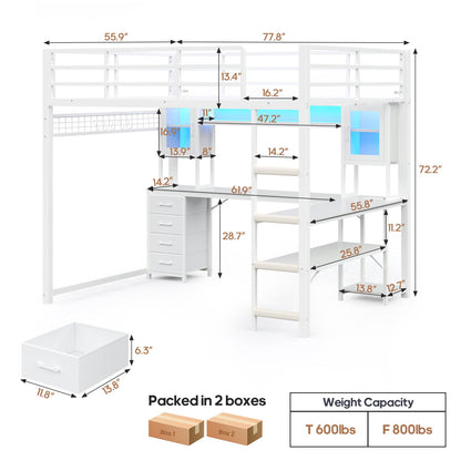 ADORNEVE Gaming Loft Bed Full Size with Desk and Hutch Drawers Power Outlet Metal Teens Loft Bed with RGB Lights and Guardrail Ladder