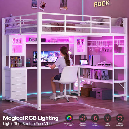 ADORNEVE Gaming Loft Bed Full Size with Desk and Hutch Drawers Power Outlet Metal Teens Loft Bed with RGB Lights and Guardrail Ladder