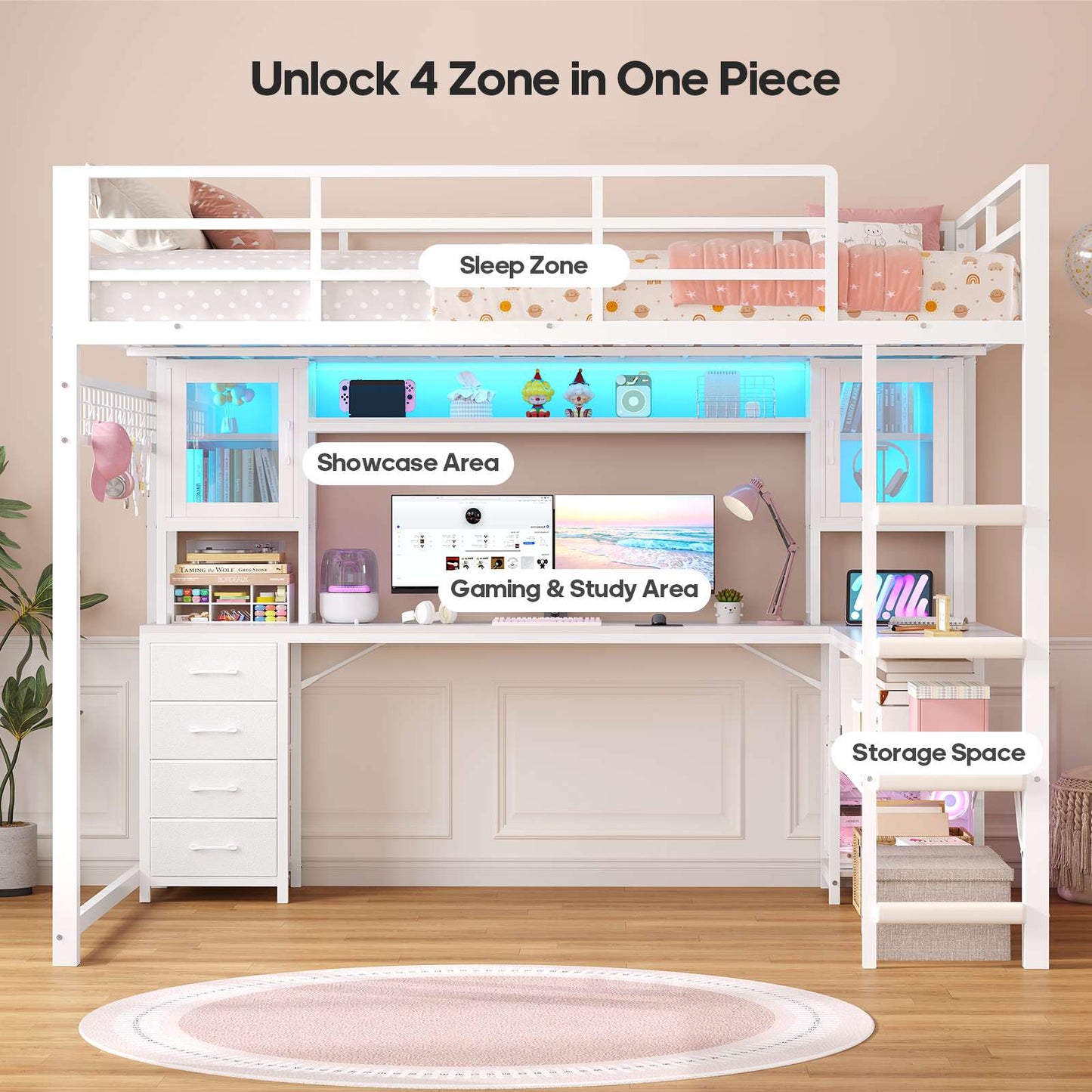 ADORNEVE Gaming Loft Bed Full Size with Desk and Hutch Drawers Power Outlet Metal Teens Loft Bed with RGB Lights and Guardrail Ladder
