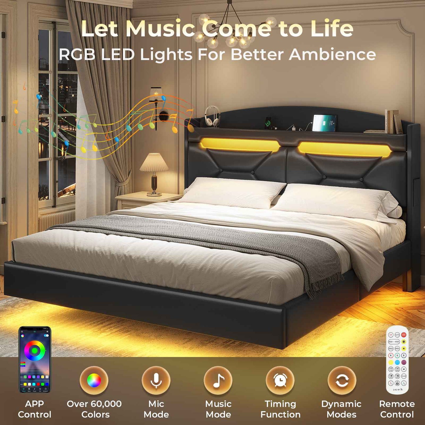 ADORNEVE Floating Bed Frame Full with Hidden Storage Headboard and Charging Station LED Bed Frame with Upholstered Leather and Storage