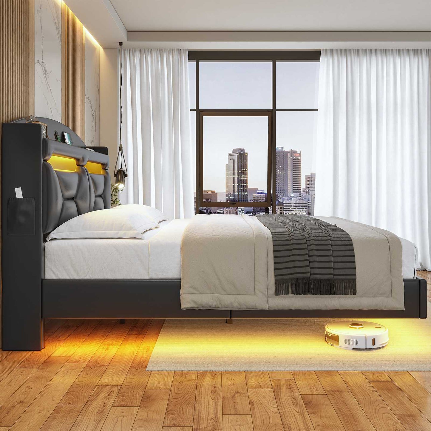ADORNEVE Floating Bed Frame Full with Hidden Storage Headboard and Charging Station LED Bed Frame with Upholstered Leather and Storage