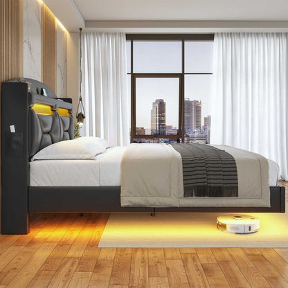 ADORNEVE Floating Bed Frame Full with Hidden Storage Headboard and Charging Station LED Bed Frame with Upholstered Leather and Storage