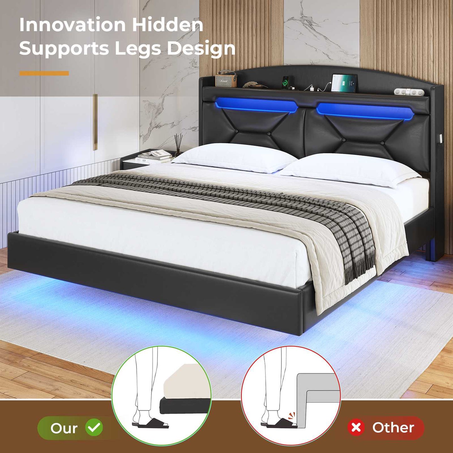 ADORNEVE Floating Bed Frame Full with Hidden Storage Headboard and Charging Station LED Bed Frame with Upholstered Leather and Storage