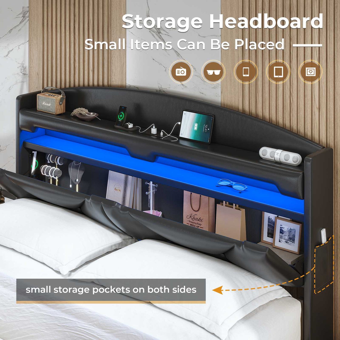 ADORNEVE Floating Bed Frame Full with Hidden Storage Headboard and Charging Station LED Bed Frame with Upholstered Leather and Storage