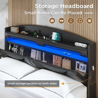 ADORNEVE Floating Bed Frame Full with Hidden Storage Headboard and Charging Station LED Bed Frame with Upholstered Leather and Storage