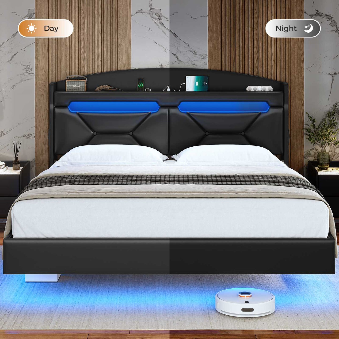 ADORNEVE Floating Bed Frame Full with Hidden Storage Headboard and Charging Station LED Bed Frame with Upholstered Leather and Storage