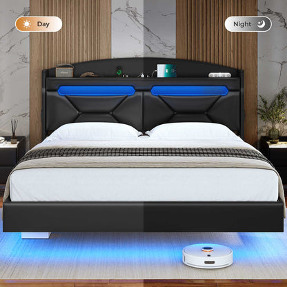 ADORNEVE Floating Bed Frame Full with Hidden Storage Headboard and Charging Station LED Bed Frame with Upholstered Leather and Storage