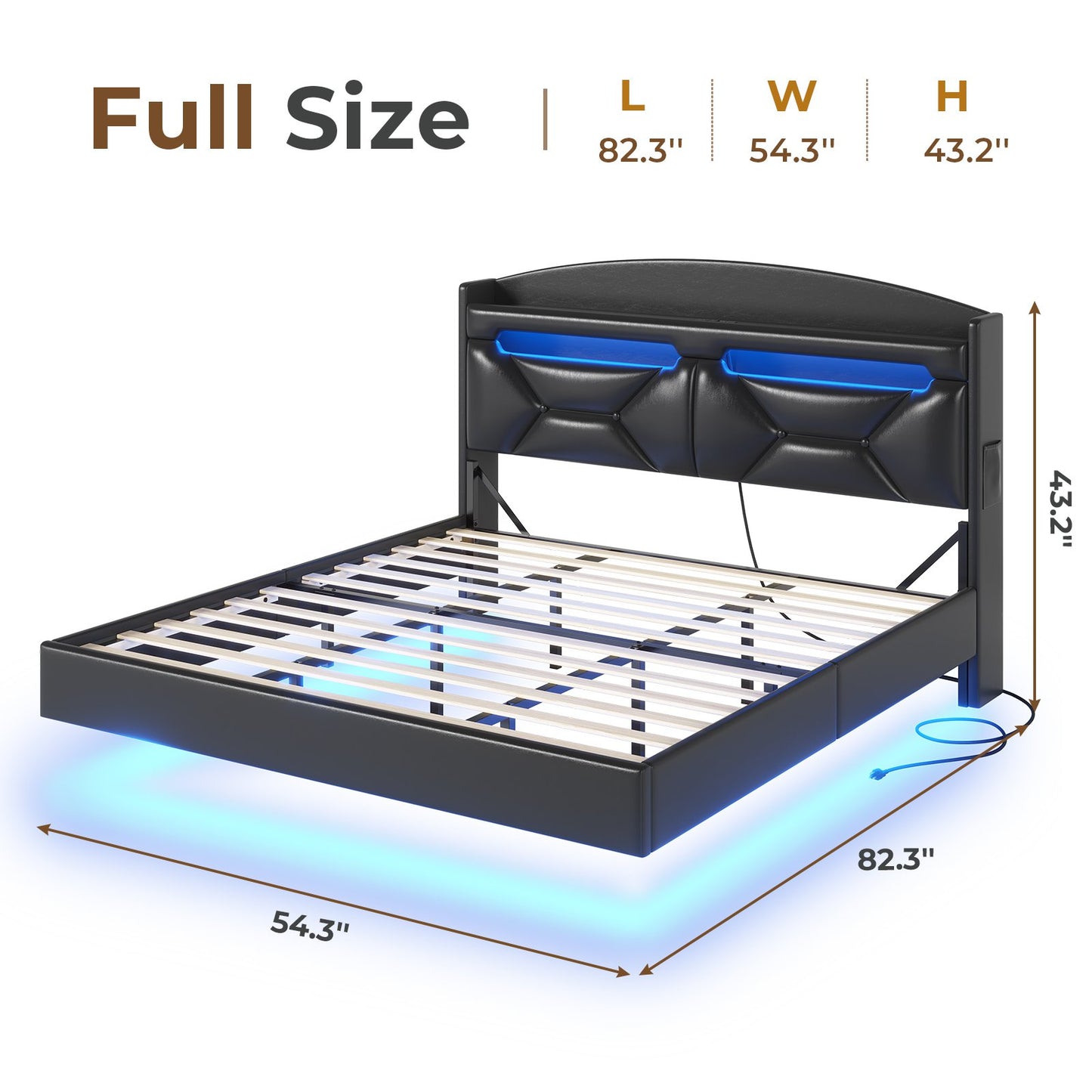 ADORNEVE Floating Bed Frame Full with Hidden Storage Headboard and Charging Station LED Bed Frame with Upholstered Leather and Storage
