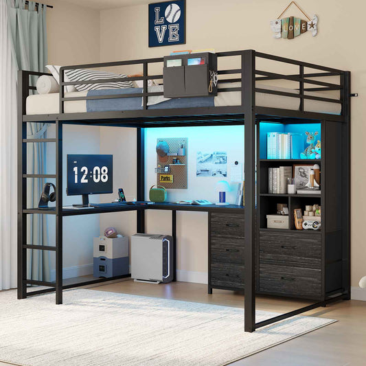 ADORNEVE Loft Bed Full Size with L Desk and 5-Tier Bookshelf 5 Drawers LED Metal Loft Bed with Power Outlet and Guardrail Ladders