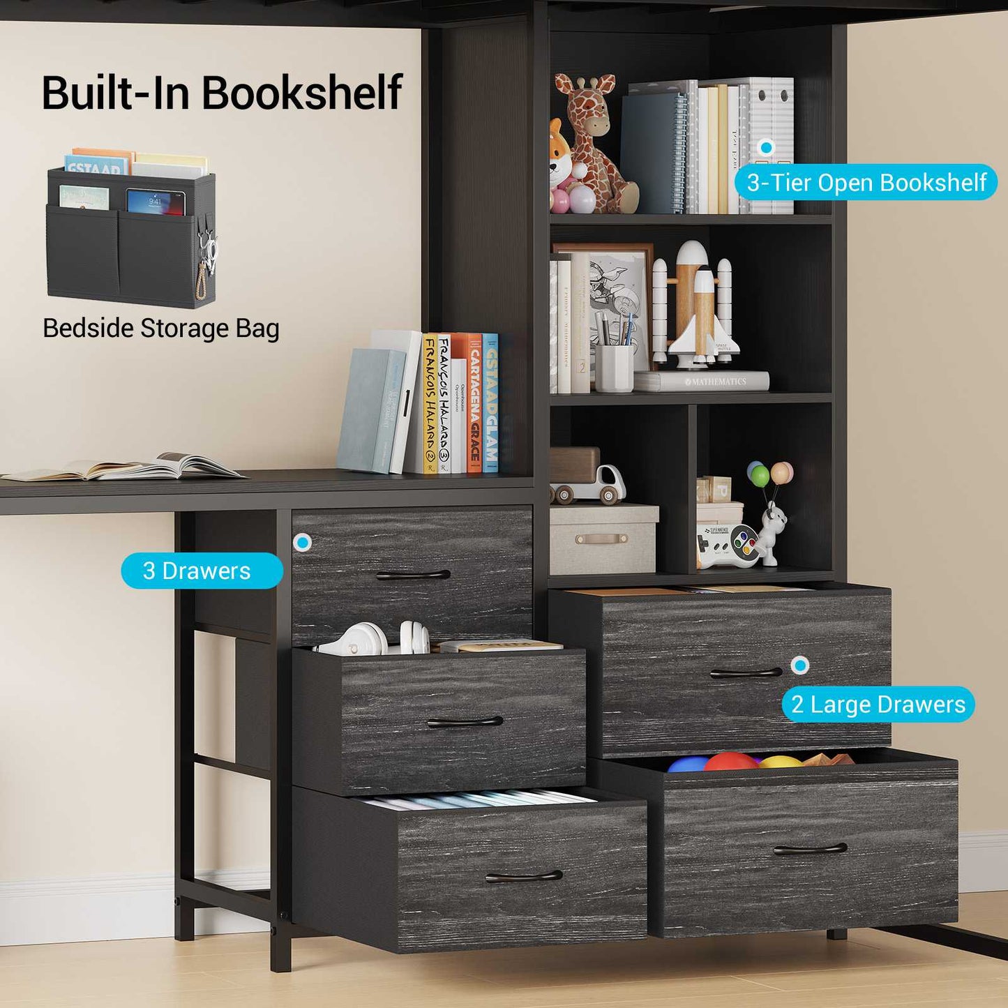 ADORNEVE Loft Bed Full Size with L Desk and 5-Tier Bookshelf 5 Drawers LED Metal Loft Bed with Power Outlet and Guardrail Ladders