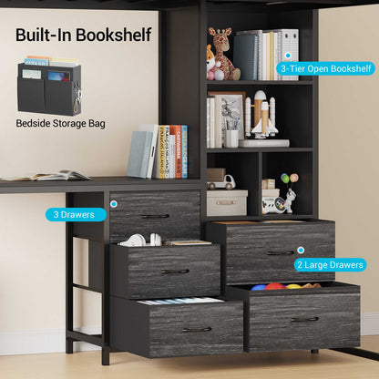 ADORNEVE Loft Bed Full Size with L Desk and 5-Tier Bookshelf 5 Drawers LED Metal Loft Bed with Power Outlet and Guardrail Ladders