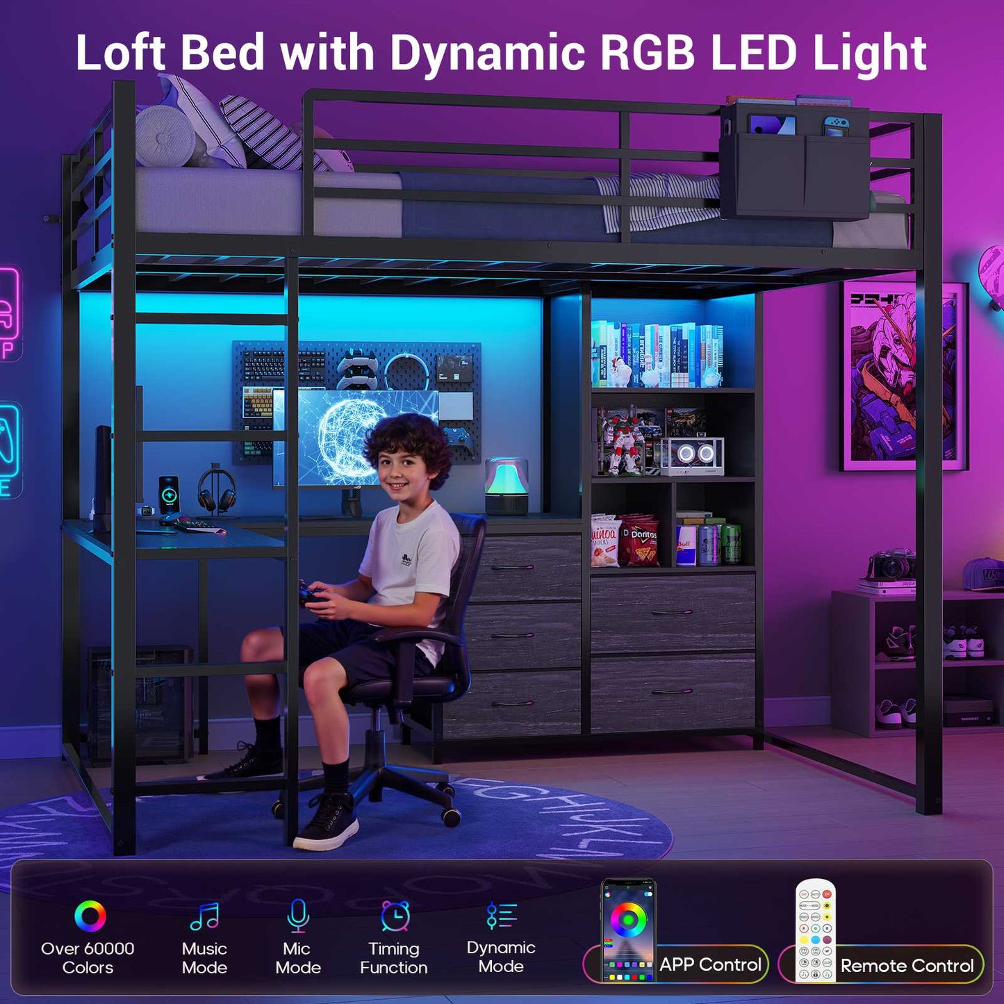 ADORNEVE Loft Bed Full Size with L Desk and 5-Tier Bookshelf 5 Drawers LED Metal Loft Bed with Power Outlet and Guardrail Ladders