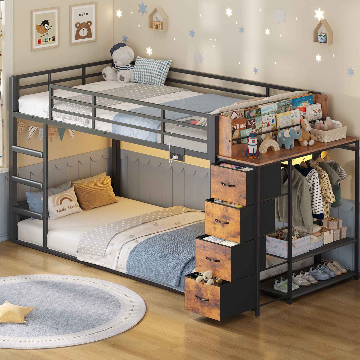 ADORNEVE Bunk Bed Twin Over Twin with Bookshelf and 4 Storage Drawers Clothing Shelves Metal Kids RGB Lights Bunk Bed with Power Outlet and Guardrail Ladder