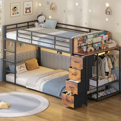 ADORNEVE Bunk Bed Twin Over Twin with Bookshelf and 4 Storage Drawers Clothing Shelves Metal Kids RGB Lights Bunk Bed with Power Outlet and Guardrail Ladder
