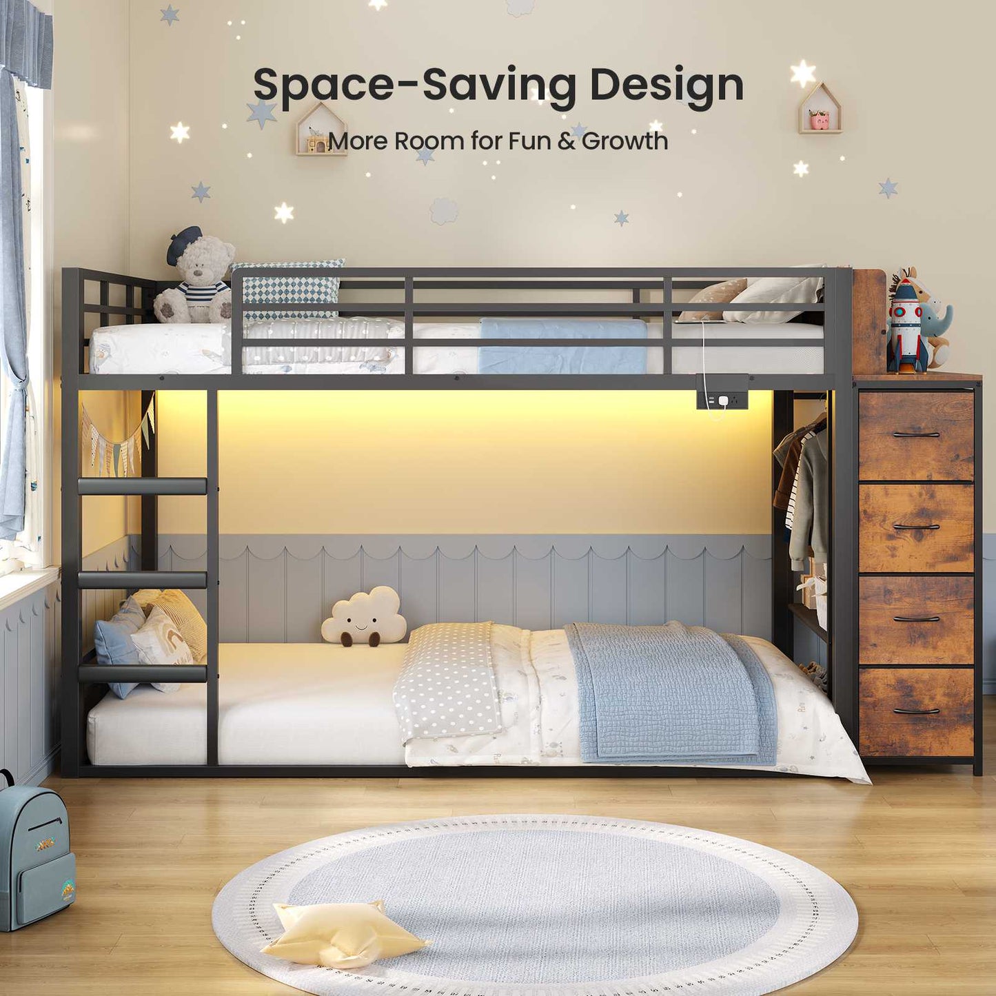 ADORNEVE Bunk Bed Twin Over Twin with Bookshelf and 4 Storage Drawers Clothing Shelves Metal Kids RGB Lights Bunk Bed with Power Outlet and Guardrail Ladder