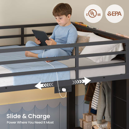 ADORNEVE Bunk Bed Twin Over Twin with Bookshelf and 4 Storage Drawers Clothing Shelves Metal Kids RGB Lights Bunk Bed with Power Outlet and Guardrail Ladder