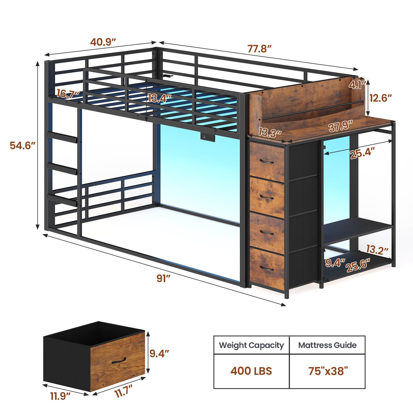 ADORNEVE Bunk Bed Twin Over Twin with Bookshelf and 4 Storage Drawers Clothing Shelves Metal Kids RGB Lights Bunk Bed with Power Outlet and Guardrail Ladder