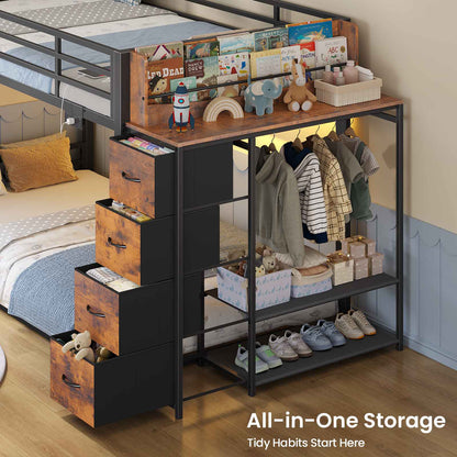 ADORNEVE Bunk Bed Twin Over Twin with Bookshelf and 4 Storage Drawers Clothing Shelves Metal Kids RGB Lights Bunk Bed with Power Outlet and Guardrail Ladder