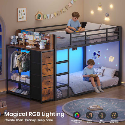 ADORNEVE Bunk Bed Twin Over Twin with Bookshelf and 4 Storage Drawers Clothing Shelves Metal Kids RGB Lights Bunk Bed with Power Outlet and Guardrail Ladder