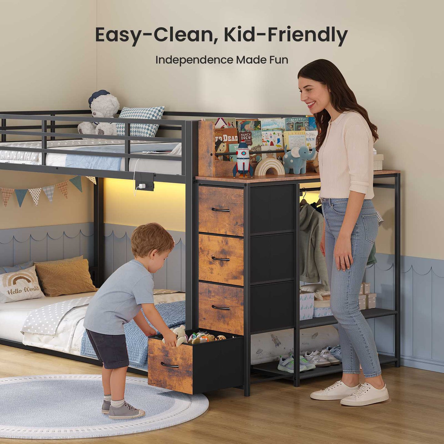 ADORNEVE Bunk Bed Twin Over Twin with Bookshelf and 4 Storage Drawers Clothing Shelves Metal Kids RGB Lights Bunk Bed with Power Outlet and Guardrail Ladder