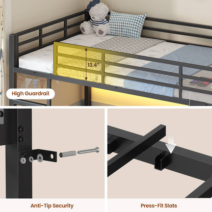 ADORNEVE Bunk Bed Twin Over Twin with Bookshelf and 4 Storage Drawers Clothing Shelves Metal Kids RGB Lights Bunk Bed with Power Outlet and Guardrail Ladder