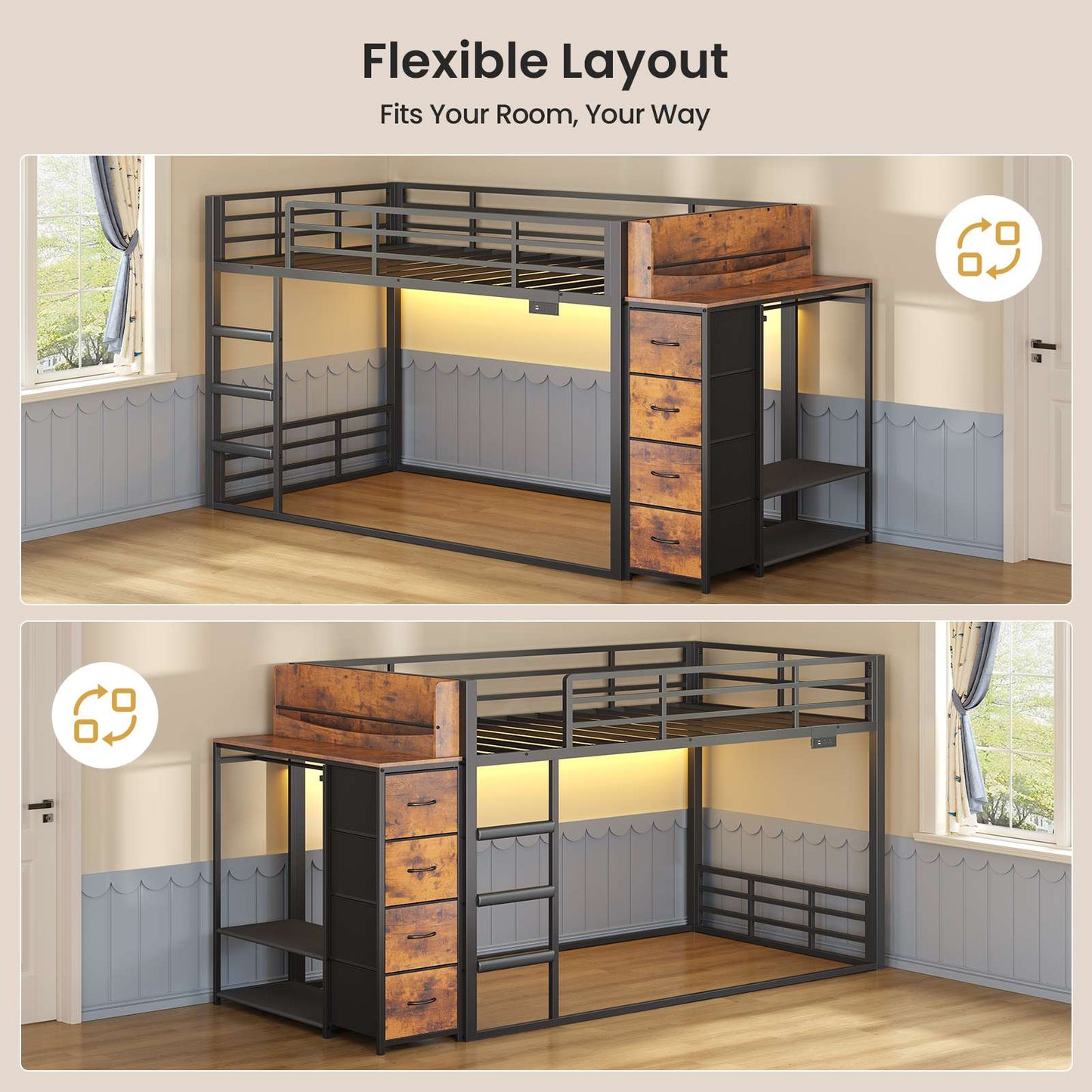 ADORNEVE Bunk Bed Twin Over Twin with Bookshelf and 4 Storage Drawers Clothing Shelves Metal Kids RGB Lights Bunk Bed with Power Outlet and Guardrail Ladder