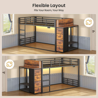 ADORNEVE Bunk Bed Twin Over Twin with Bookshelf and 4 Storage Drawers Clothing Shelves Metal Kids RGB Lights Bunk Bed with Power Outlet and Guardrail Ladder