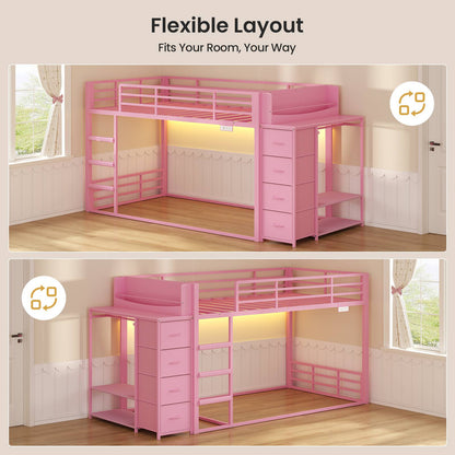 ADORNEVE Bunk Bed Twin Over Twin with Bookshelf and 4 Storage Drawers Clothing Shelves Metal Kids RGB Lights Bunk Bed with Power Outlet and Guardrail Ladder