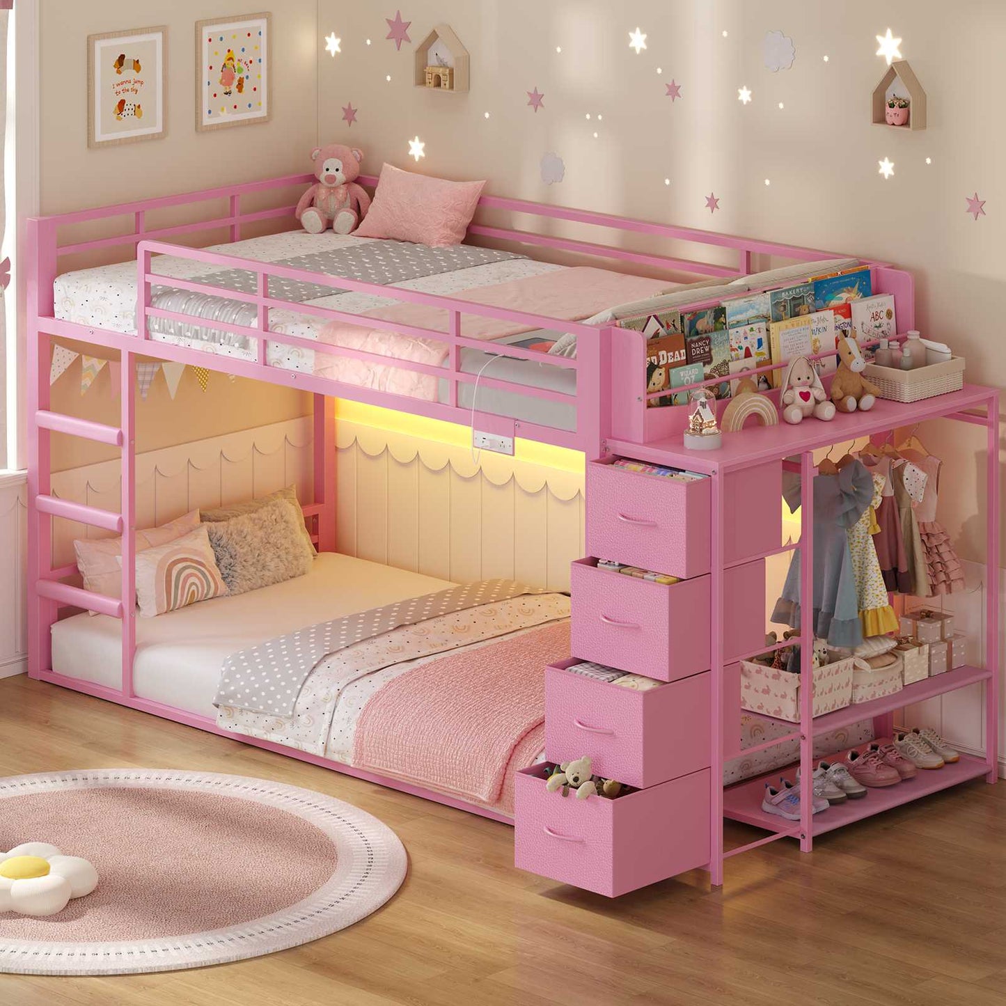 ADORNEVE Bunk Bed Twin Over Twin with Bookshelf and 4 Storage Drawers Clothing Shelves Metal Kids RGB Lights Bunk Bed with Power Outlet and Guardrail Ladder