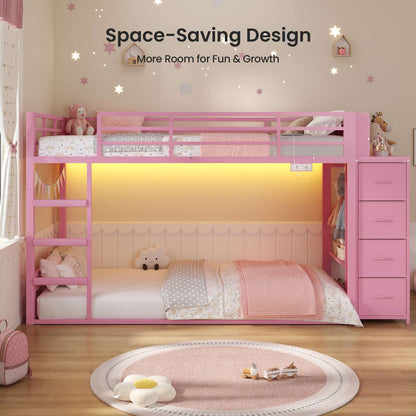 ADORNEVE Bunk Bed Twin Over Twin with Bookshelf and 4 Storage Drawers Clothing Shelves Metal Kids RGB Lights Bunk Bed with Power Outlet and Guardrail Ladder