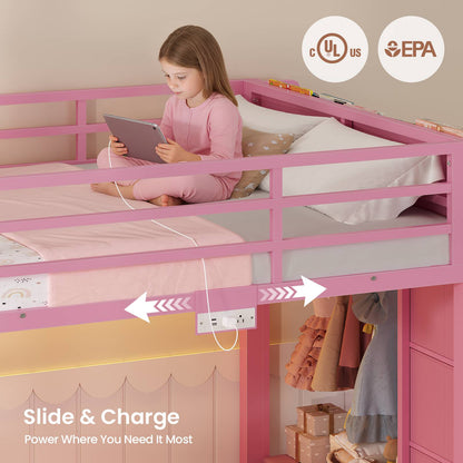 ADORNEVE Bunk Bed Twin Over Twin with Bookshelf and 4 Storage Drawers Clothing Shelves Metal Kids RGB Lights Bunk Bed with Power Outlet and Guardrail Ladder