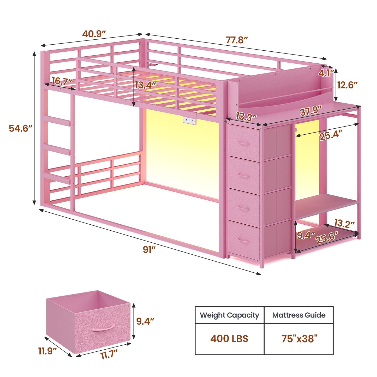 ADORNEVE Bunk Bed Twin Over Twin with Bookshelf and 4 Storage Drawers Clothing Shelves Metal Kids RGB Lights Bunk Bed with Power Outlet and Guardrail Ladder