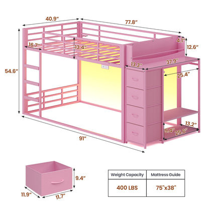 ADORNEVE Bunk Bed Twin Over Twin with Bookshelf and 4 Storage Drawers Clothing Shelves Metal Kids RGB Lights Bunk Bed with Power Outlet and Guardrail Ladder