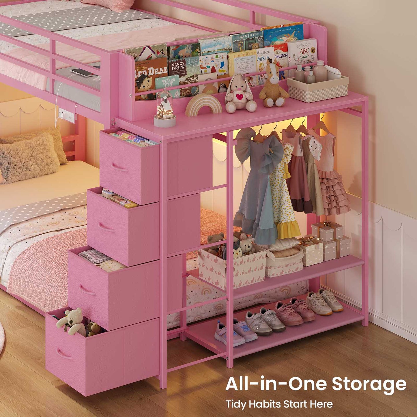 ADORNEVE Bunk Bed Twin Over Twin with Bookshelf and 4 Storage Drawers Clothing Shelves Metal Kids RGB Lights Bunk Bed with Power Outlet and Guardrail Ladder
