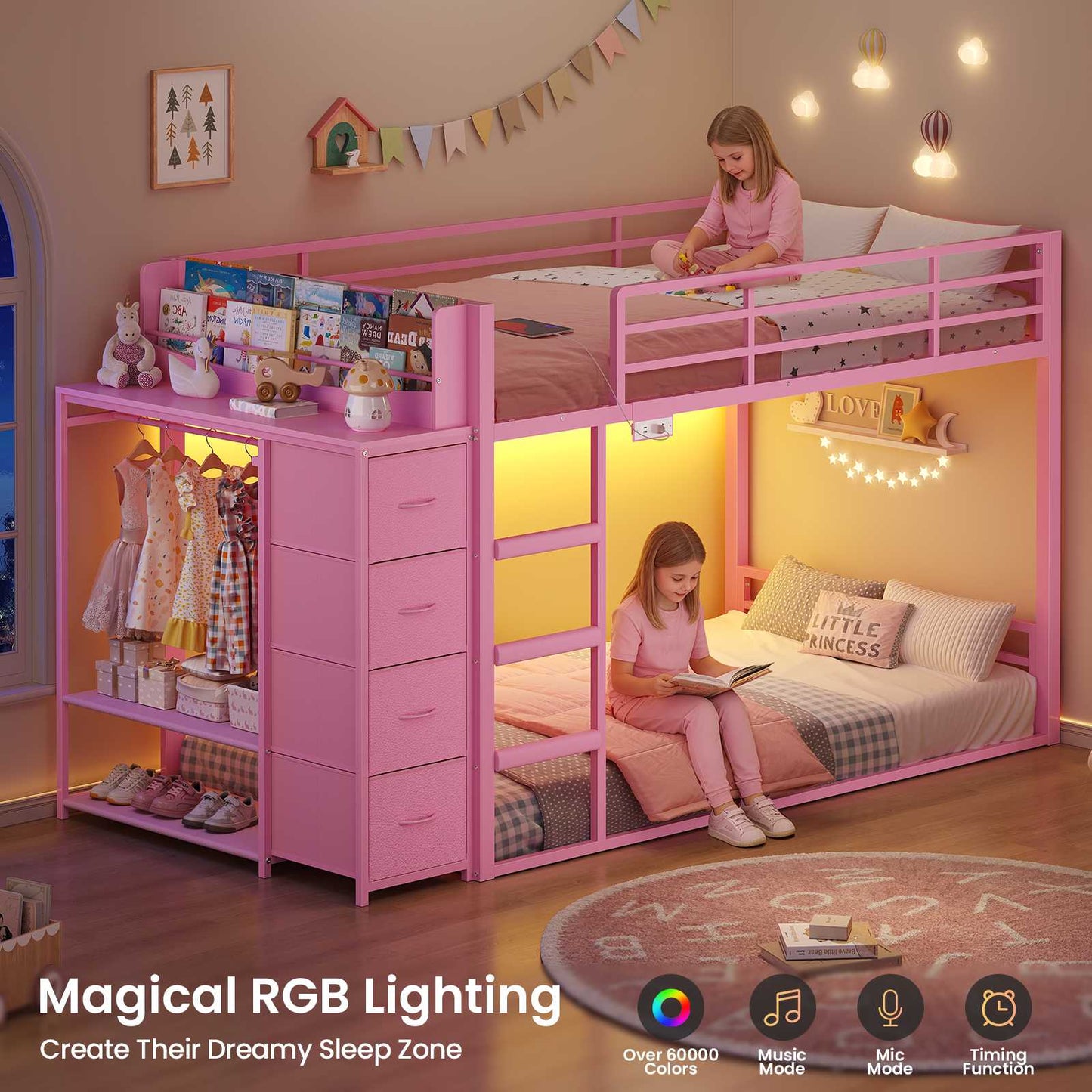 ADORNEVE Bunk Bed Twin Over Twin with Bookshelf and 4 Storage Drawers Clothing Shelves Metal Kids RGB Lights Bunk Bed with Power Outlet and Guardrail Ladder