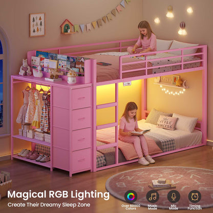 ADORNEVE Bunk Bed Twin Over Twin with Bookshelf and 4 Storage Drawers Clothing Shelves Metal Kids RGB Lights Bunk Bed with Power Outlet and Guardrail Ladder