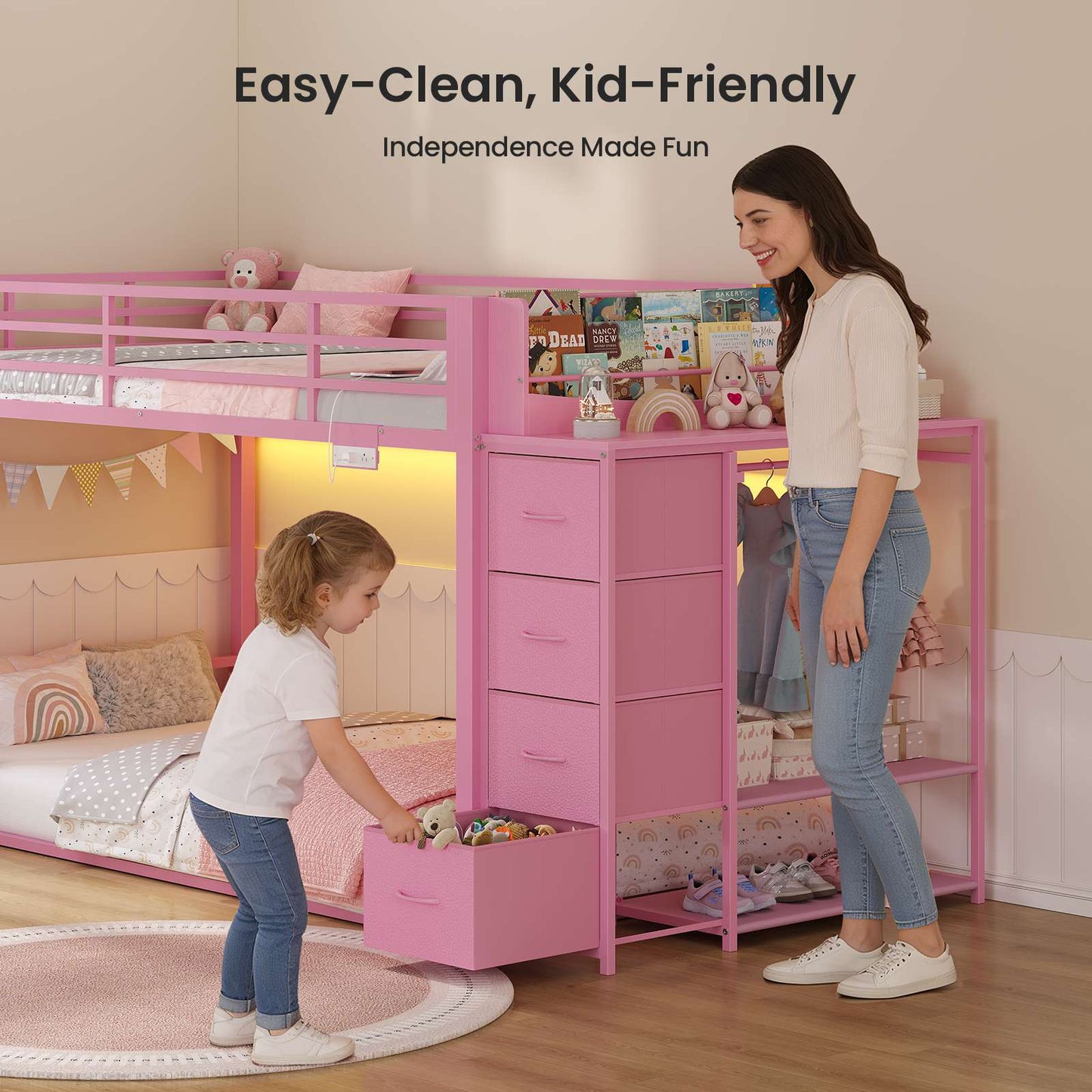 ADORNEVE Bunk Bed Twin Over Twin with Bookshelf and 4 Storage Drawers Clothing Shelves Metal Kids RGB Lights Bunk Bed with Power Outlet and Guardrail Ladder