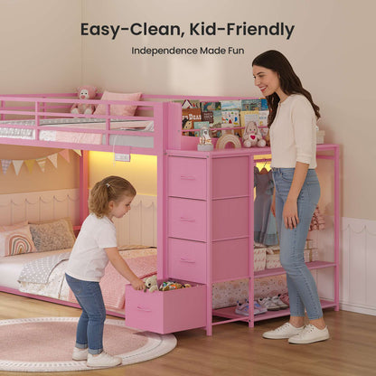 ADORNEVE Bunk Bed Twin Over Twin with Bookshelf and 4 Storage Drawers Clothing Shelves Metal Kids RGB Lights Bunk Bed with Power Outlet and Guardrail Ladder