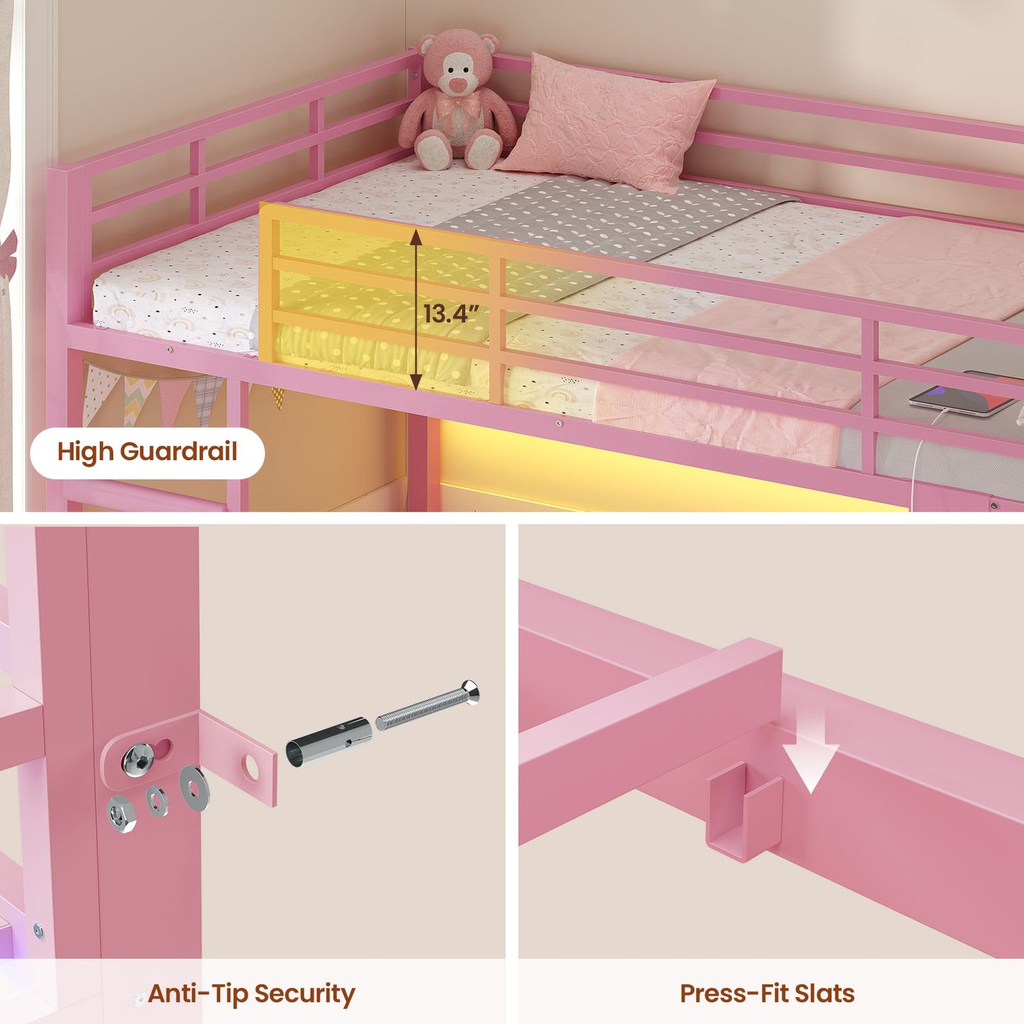 ADORNEVE Bunk Bed Twin Over Twin with Bookshelf and 4 Storage Drawers Clothing Shelves Metal Kids RGB Lights Bunk Bed with Power Outlet and Guardrail Ladder